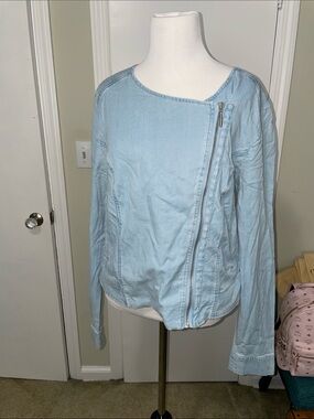 H by Halston Light Blue Asymmetrical Zip Jean Jacket